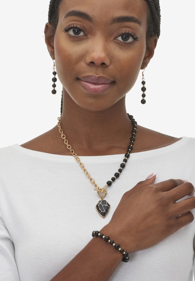 Genuine Black Howlite and Onyx Goldtone Beaded Necklace Set 18-inch, , alternate image number null