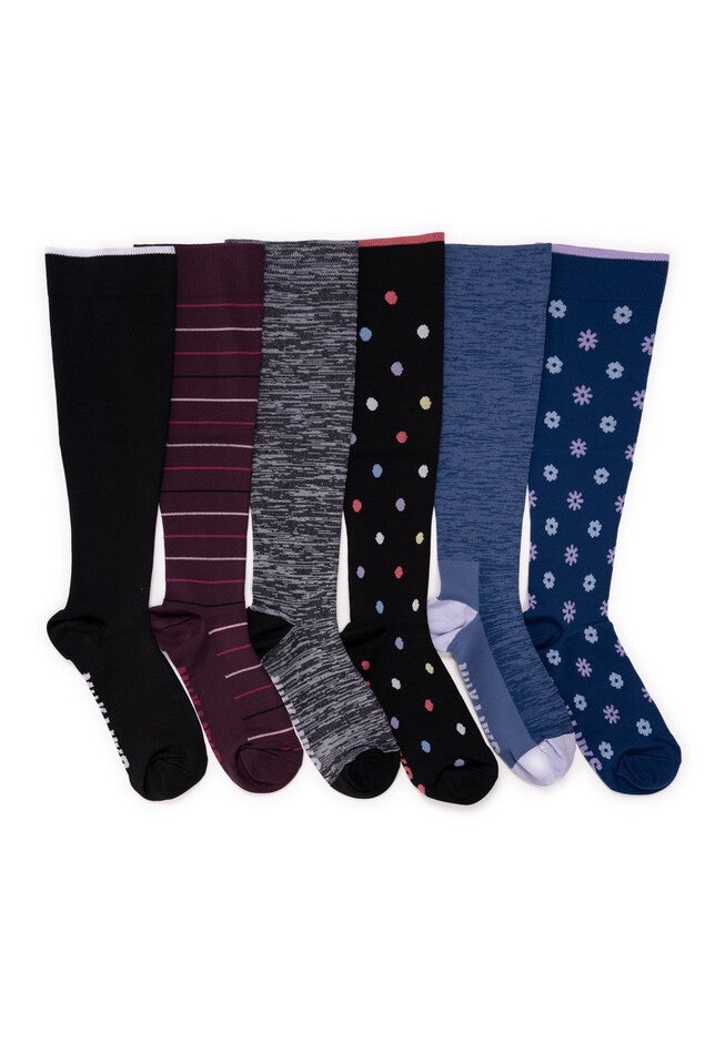 Women'S 6 Pack Nylon Compression Knee-High Socks, EBONY BURGUNDY BLUE, hi-res image number null