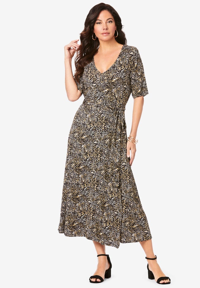 Surplice Midi Dress, BLACK TEXTURED PAISLEY, hi-res image number null