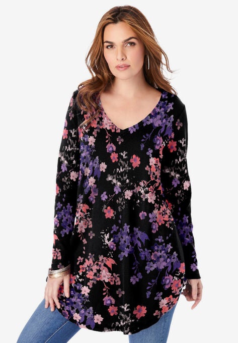 V-Neck Thermal Tunic, BLACK GARDEN FLOWERS, hi-res image number null