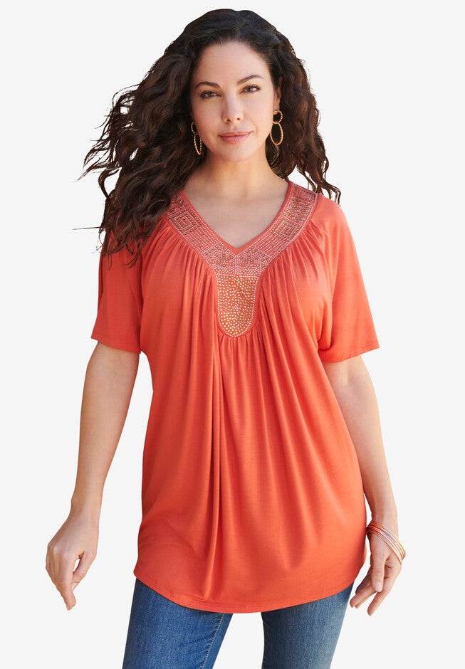 Rhinestone-Embellished Ultra Femme Top, BURNT RED RHINESTONE NECKLACE, hi-res image number null
