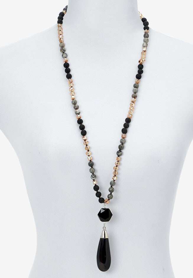 Genuine Black Agate Silvertone Drop Necklace, 32-Inch Length, , alternate image number null