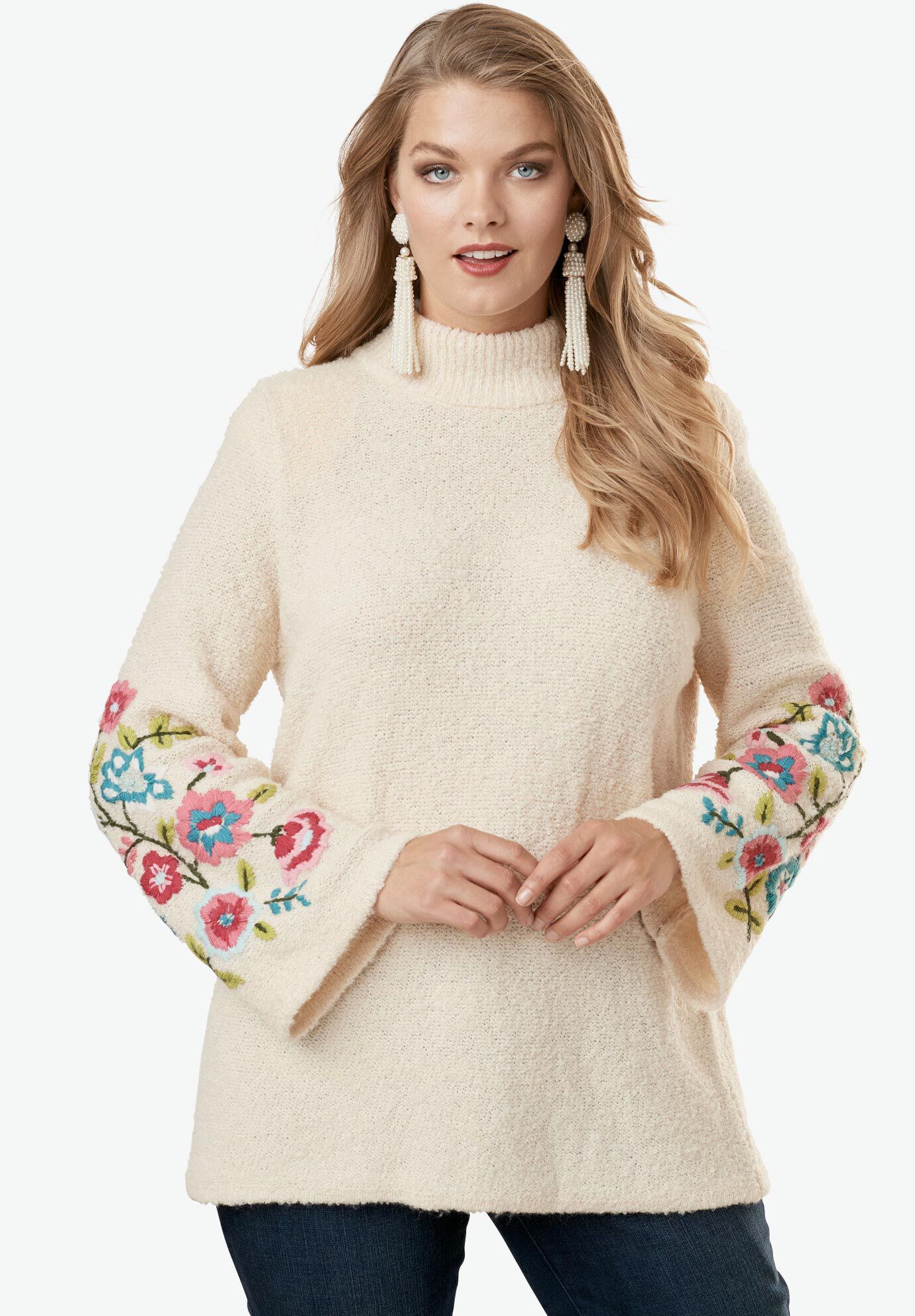 Floral Embroidered Sweater by Denim 24/7, OATMEAL, hi-res image number 0