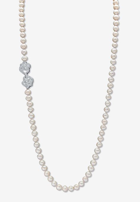 1.42 Cttw. White Genuine Pearl Necklace W/Cubic Zirconia Clasp Silvertone 32", PEARL CUBIC ZIRCONIA, hi-res image number null