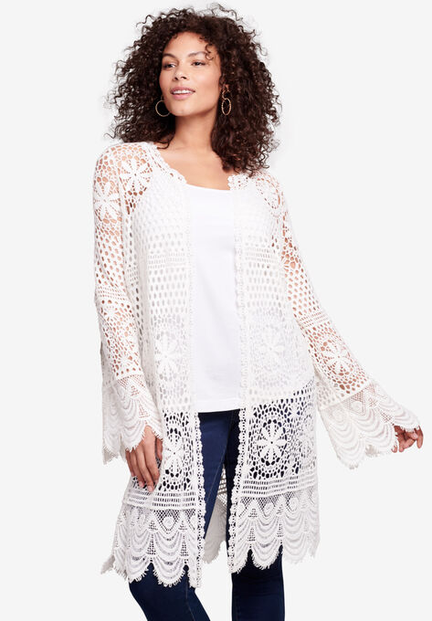 Floral-Lace Crochet Duster, IVORY, hi-res image number null