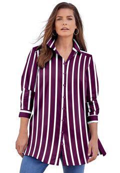 Plus Size Kate Long Sleeve Tunic Easy Cotton-Blend Button-Front Shirt