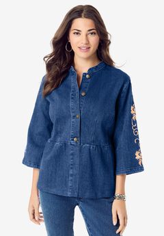 Embroidered Button Front Peplum Denim Jacket
