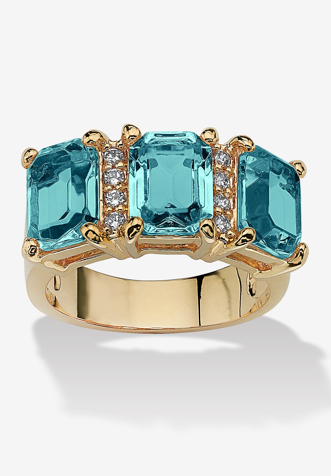 Yellow Gold-Plated Emerald Cut 3 -Stone Simulated Birthstone & CZ Ring, DECEMBER, hi-res image number 0
