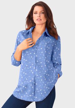 Plus Size Kate Long Sleeve Easy Cotton-Blend Button-Front Shirt