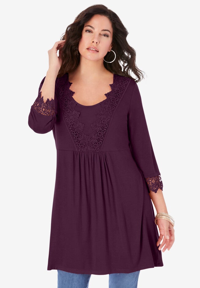 Lace-Applique Fit-and-Flare Ultra Femme Top, DARK BERRY, hi-res image number null