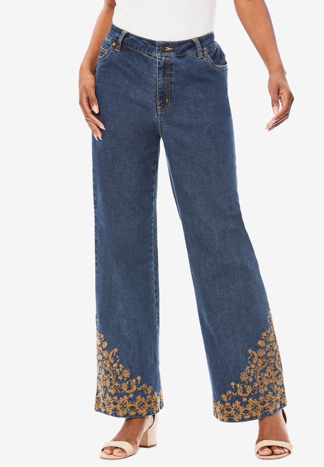 Invisible Stretch® Contour Embroidered Wide-Leg Jean, MEDIUM EMBROIDERED SCROLL, hi-res image number 0