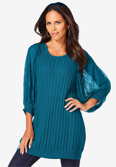 Lace Sleeve Sweater, DEEP TEAL, hi-res image number null
