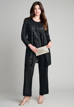 Plus-Size 3 Piece Allover Sequin Lace Jacket and Tank Pant Set