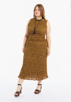 Smocked Lace Knit Midi Skirt