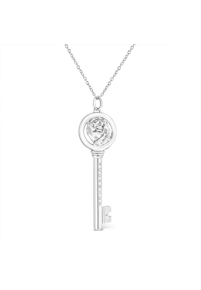 Sterling Silver Diamond Accent Aquarius Zodiac Key Pendant Necklace, , alternate image number 2