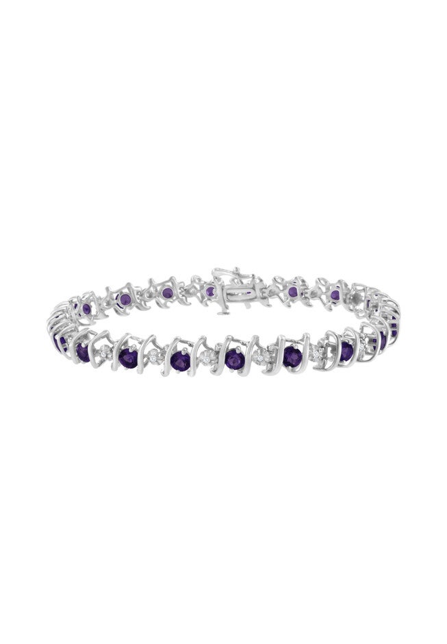 Sterling Silver Gemstone & Round Diamond Tennis Bracelet Purple Amethyst February Birthstone, WHITE, hi-res image number 0