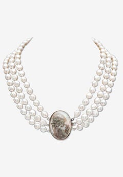 Genuine Freshwater Pearl Black Mother-Of-Pearl Cameo Necklace Silvertone 18"