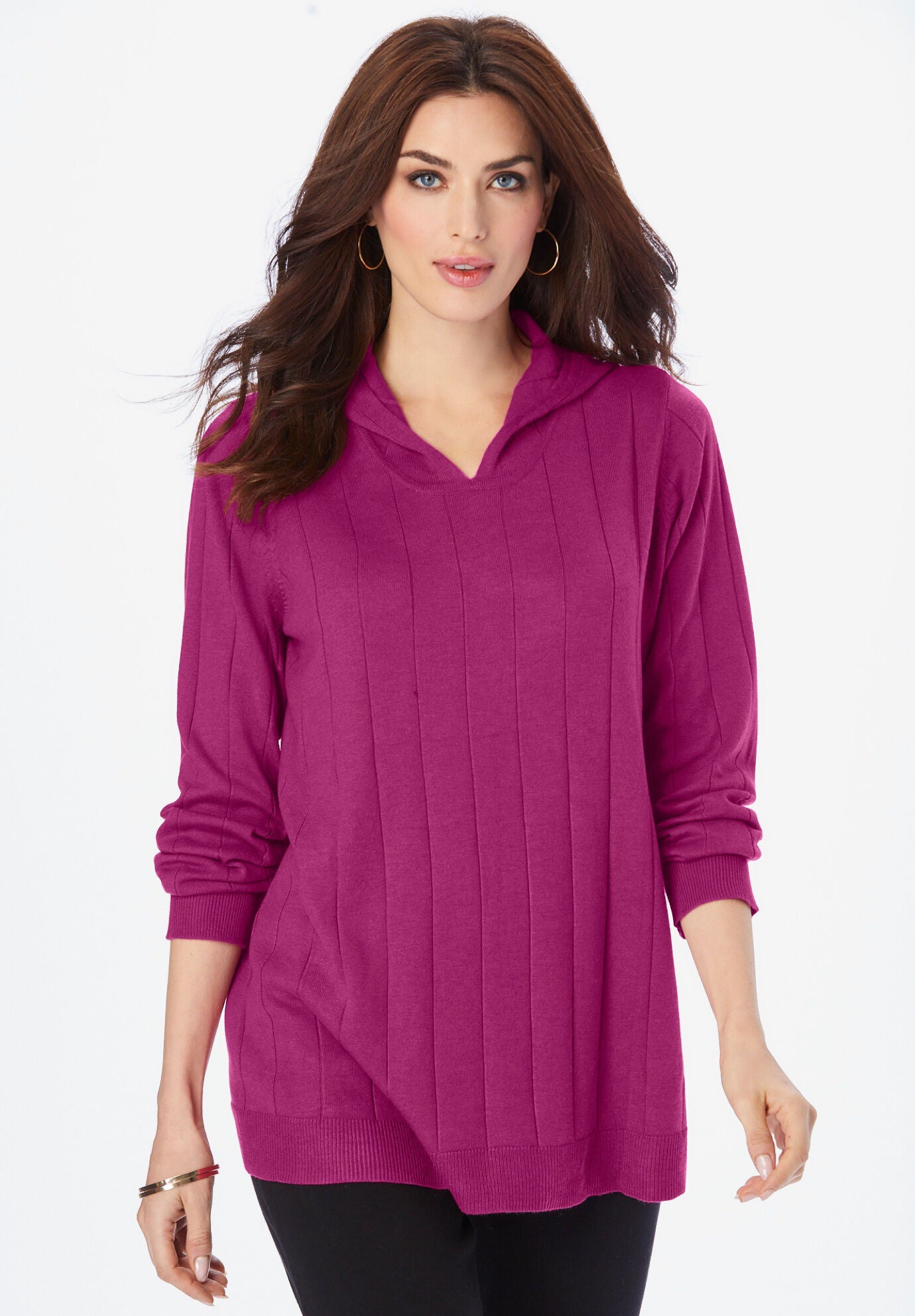 Fine Gauge Drop Needle V-neck Pullover, RASPBERRY, hi-res image number 0