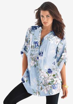 Plus Size Floral Y-Neck Pintuck Tunic – Adjustable Long Sleeve Button-Front, Relaxed Shirt Style