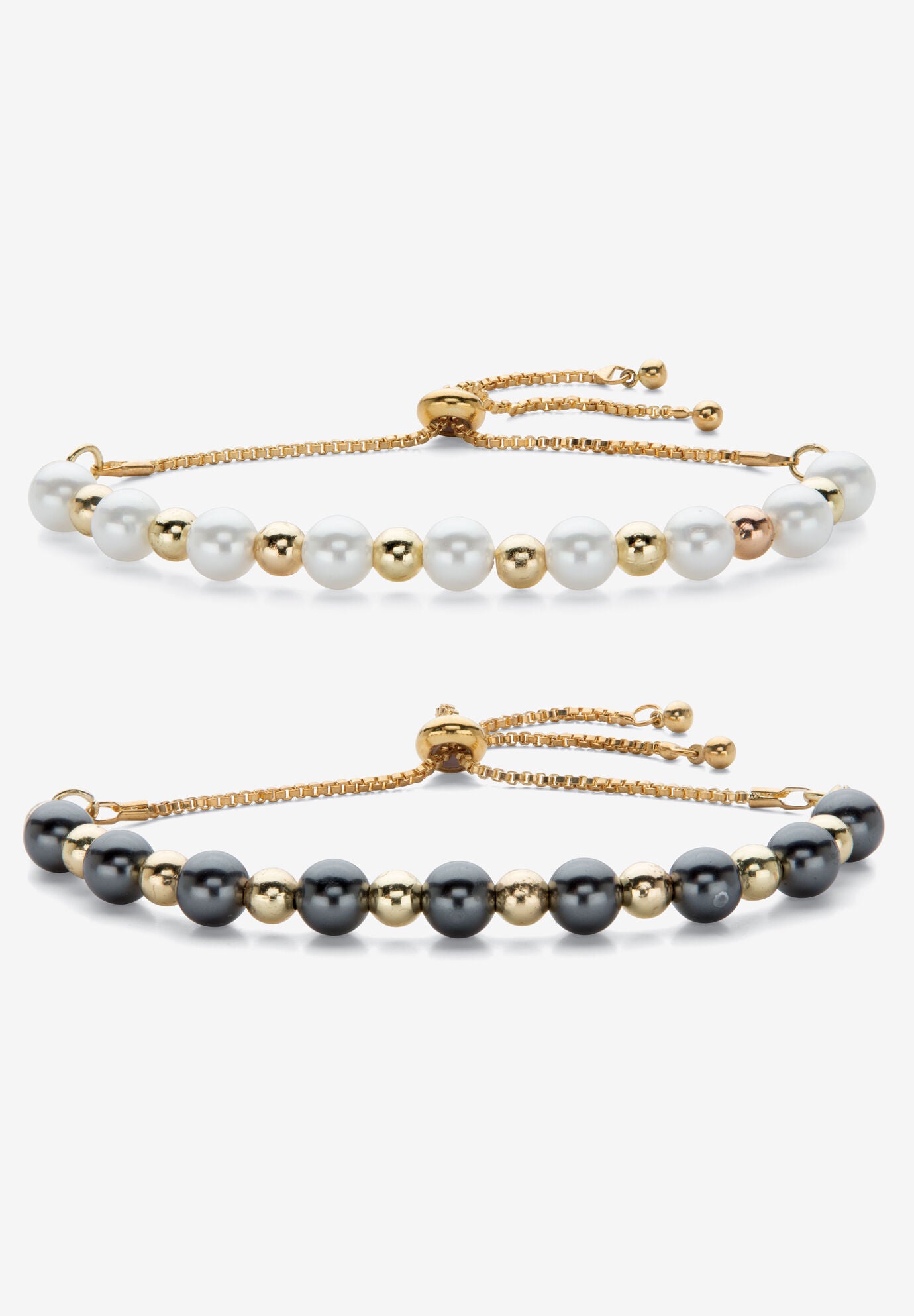 Simulated White And Grey Pearl Goldtone Adjustable Bolo Bracelet Bogo Set 11 inches, GOLD, hi-res image number 0