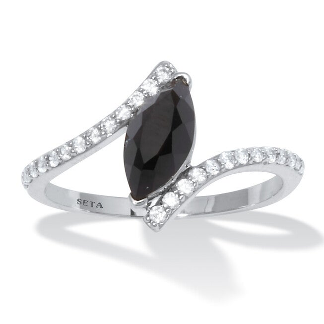 Marquise Genuine Onyx and Cubic Zirconia Silvertone Ring, BLACK, hi-res image number 0