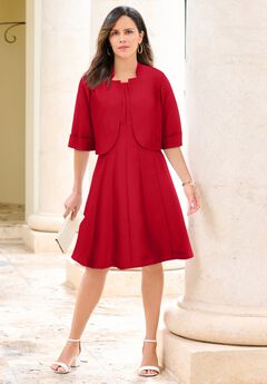 Extended Plus Size Elbow Sleeve Fit-and-Flare Dress with Bolero Jacket – 2-Piece Suit