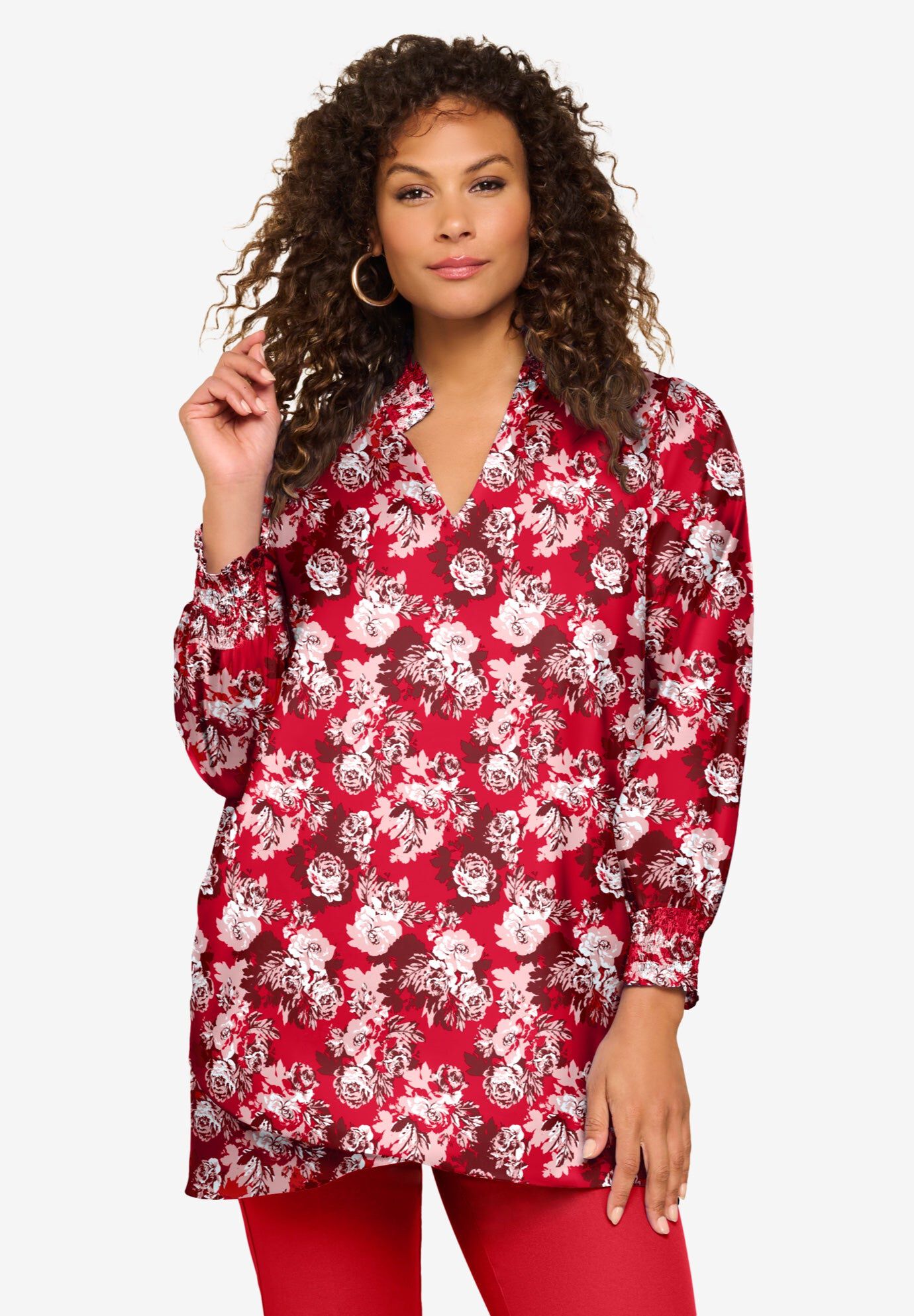 Tulip Hem Blouse, VIVID RED ROSES, hi-res image number 0