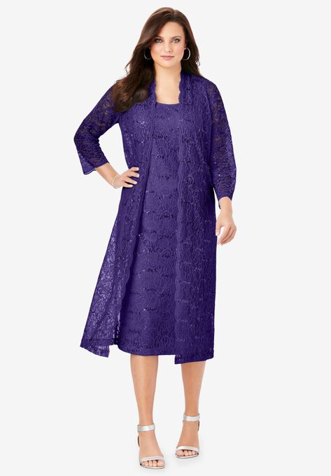 Lace & Sequin Jacket Dress Set, MIDNIGHT VIOLET, hi-res image number null