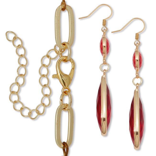 Red Crystal Goldtone Vintage-Inspired Necklace and Earring Set, RED, on-hover image number null