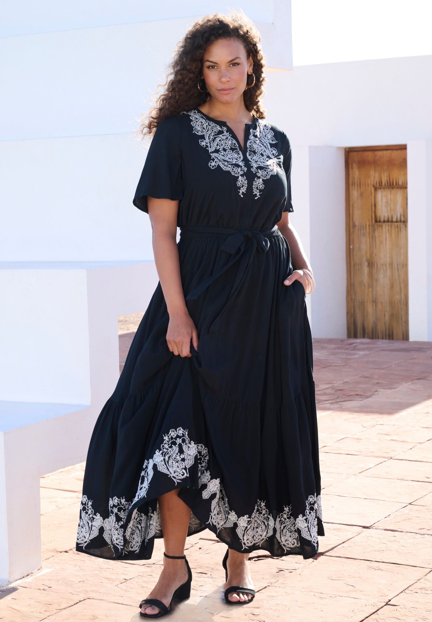 Embroidered Maxi Dress, BLACK IVORY EMBROIDERY, hi-res image number 0