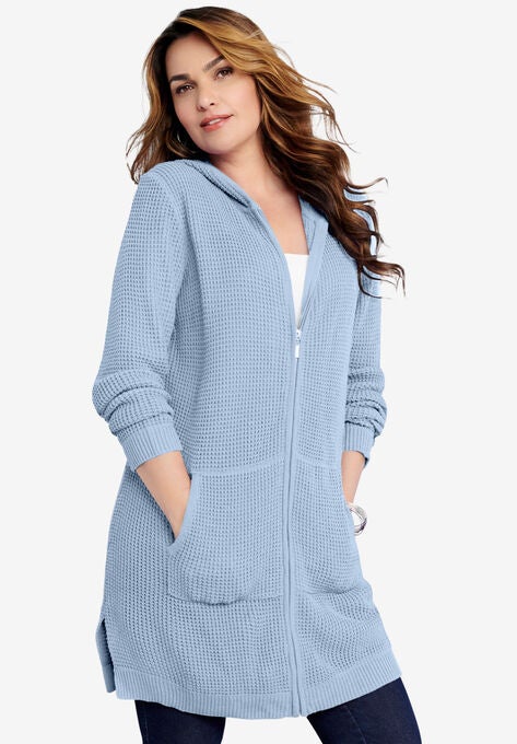 Mega Tunic Thermal Hoodie Cardigan, PALE BLUE, hi-res image number null