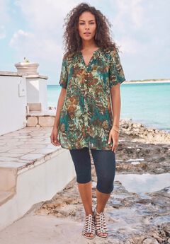 Plus Size Angelina Crinkle Crepe Y-Neck Short Sleeve Tunic