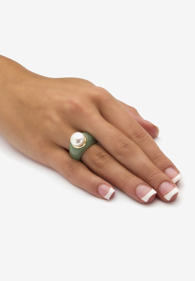 10K Gold Genuine Cultured Freshwater Pearl And Green Jade Ring Jewelry, , alternate image number 2