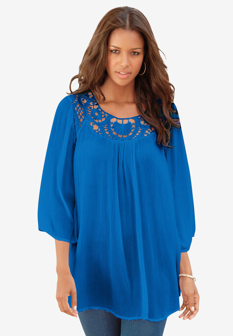 Lace Neckline Tunic with Three-Quarter Sleeves | Roaman's