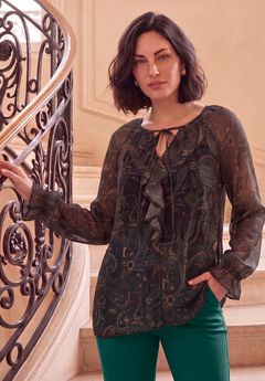 Plus Size Chiffon Flounce Tie-Neck Blouse