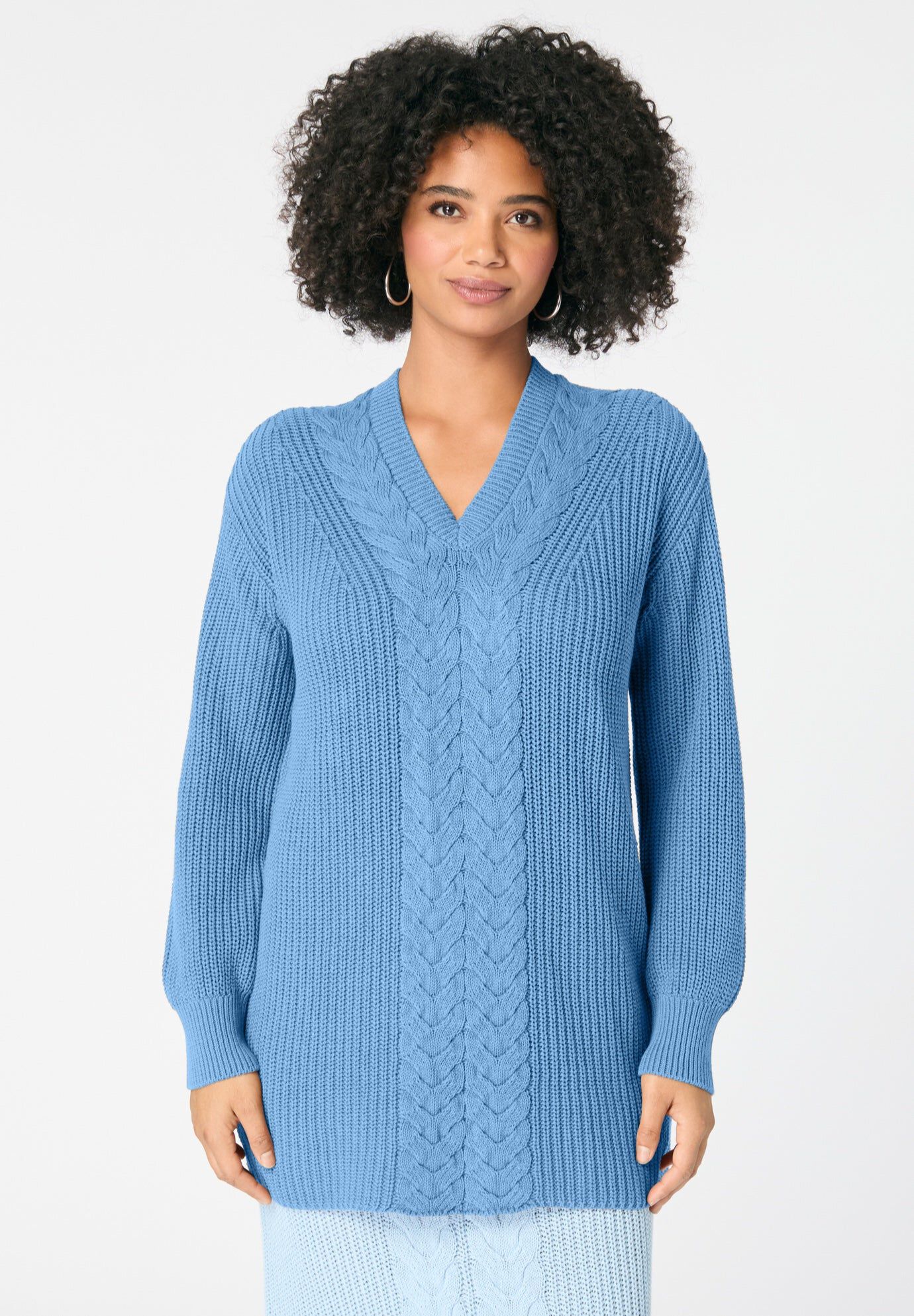 Cable Knit V Neck Sweater, SOFT SKY, hi-res image number 0