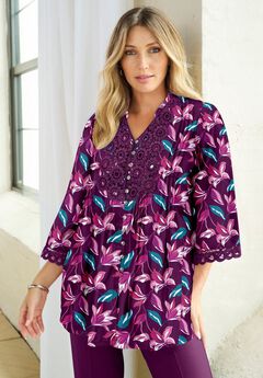 Plus Size Juliet Lace Trim Button-Down Shirt