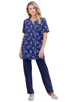 Plus Size Soft Knit Print Tunic with Notch Neckline