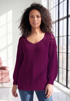 Plus Size Crochet Pullover Sweater with Sweetheart Neckline