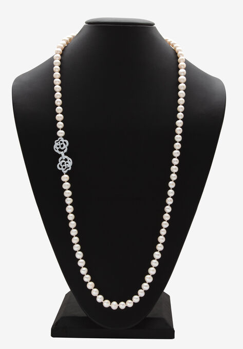 1.42 Cttw. White Genuine Pearl Necklace W/Cubic Zirconia Clasp Silvertone 32", , alternate image number null