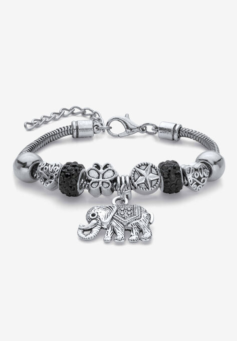 Silvertone Round Black Crystal Antiqued Elephant Charm Bracelet, CRYSTAL, hi-res image number null