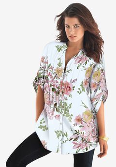 Plus Size Floral Y-Neck Pintuck Tunic – Adjustable Long Sleeve Button-Front, Relaxed Shirt Style