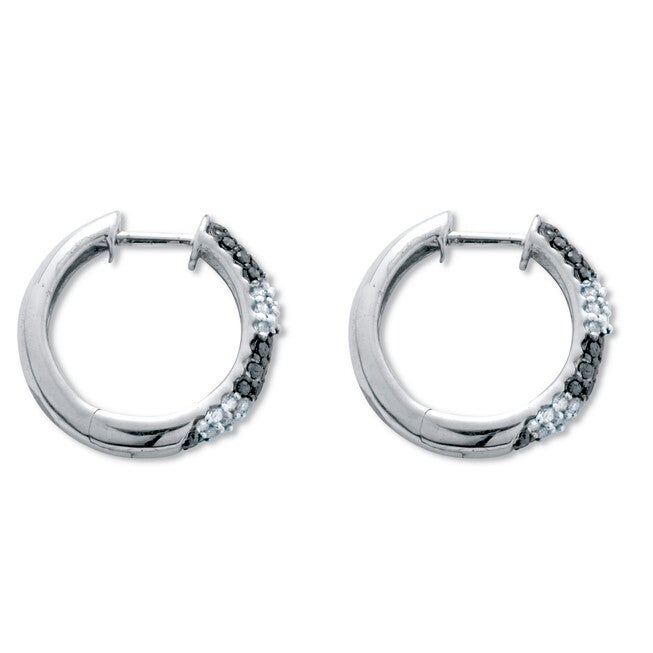 .50 TCW Black and White Diamond Sterling Silver Hoop Earrings (1/2 inch), WHITE, on-hover image number 1
