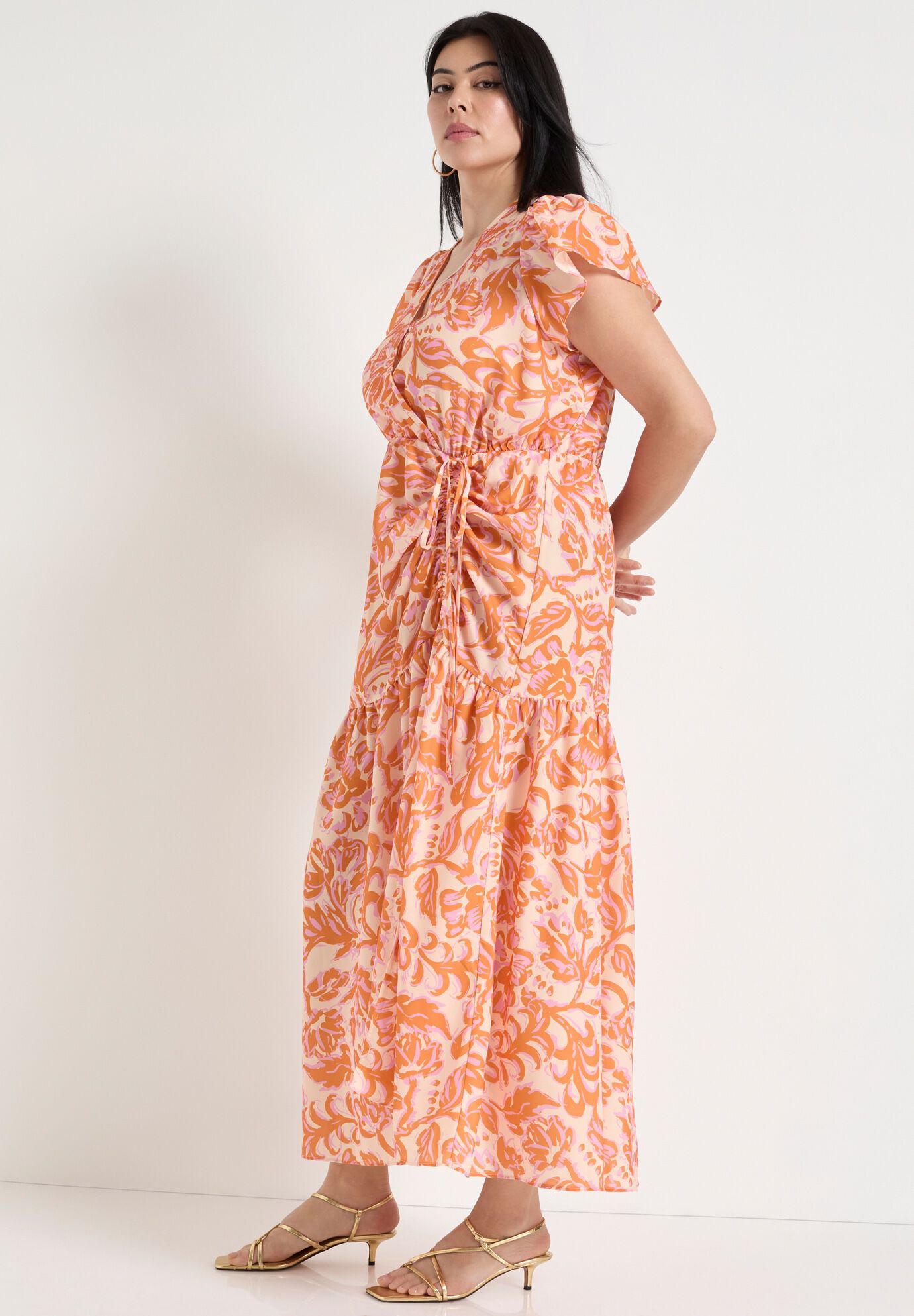 Faux-Wrap Maxi Dress, BOUQUET ORANGE, alternate image number 2