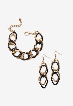 Double Curb-Link Bracelet And Drop Earrings Set In Goldtone And Black Ruthenium