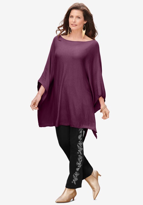 Fine Gauge Poncho Sweater, DARK BERRY, hi-res image number null