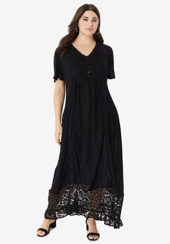 Lace-Panelled Crinkle Boho Dress