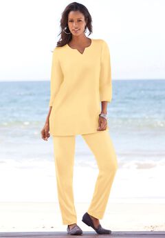 Plus Size Three-Quarter Sleeve Notch Neck Soft Knit Tunic