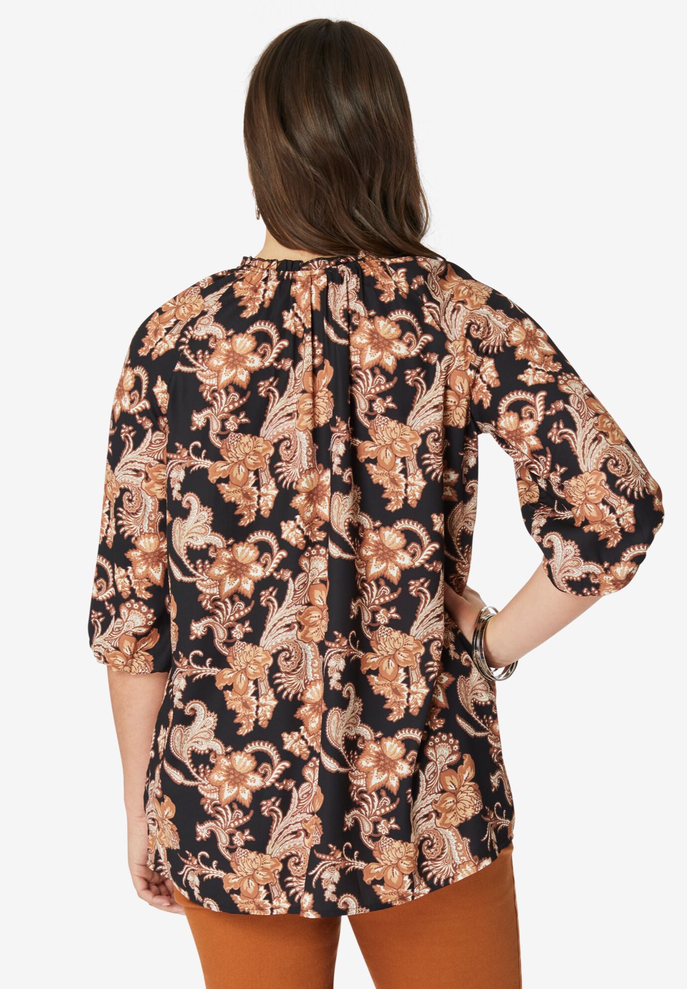 Ruffle Neck Boho Blouse., DARK BERRY FLORAL PAISLEY, on-hover image number 1