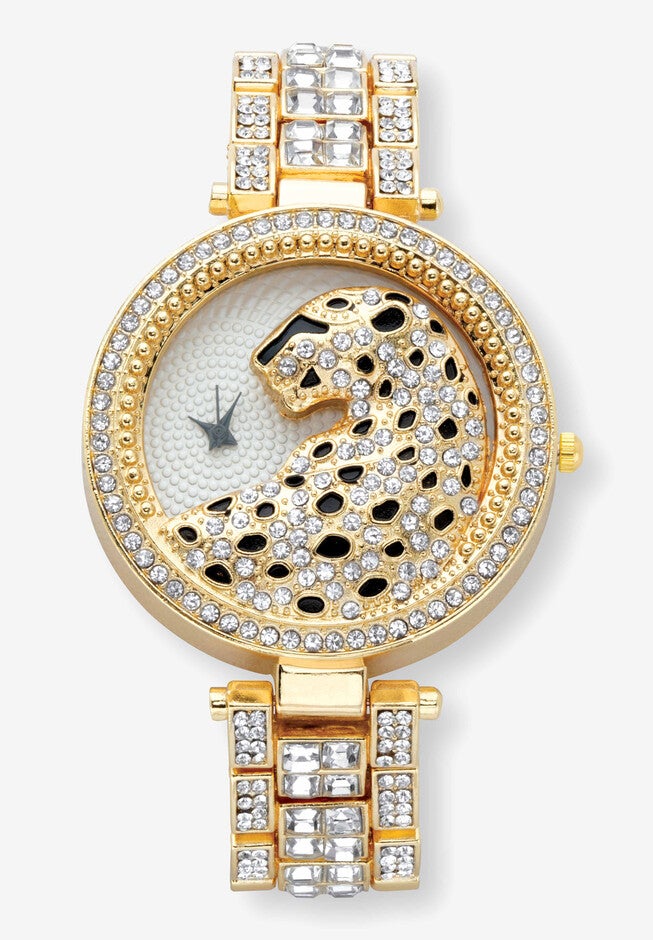 Princess-Cut And Round Crystal Goldtone Leopard Fashion Watch 7.5 inches, GOLD, hi-res image number 0